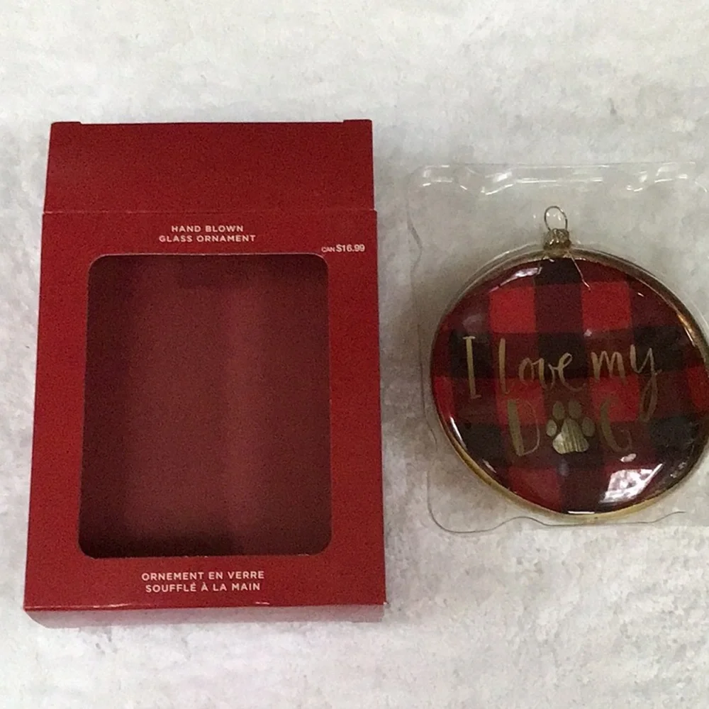I Love My Dog Red & Black Plaid Hand Blown‎ Glass Ornament NWT